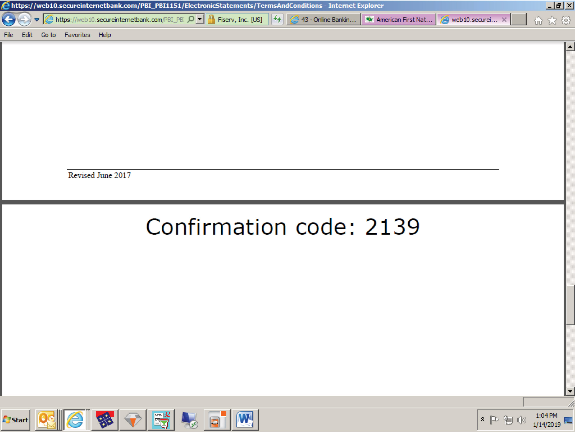 Screencap of e-statement confirmation code
